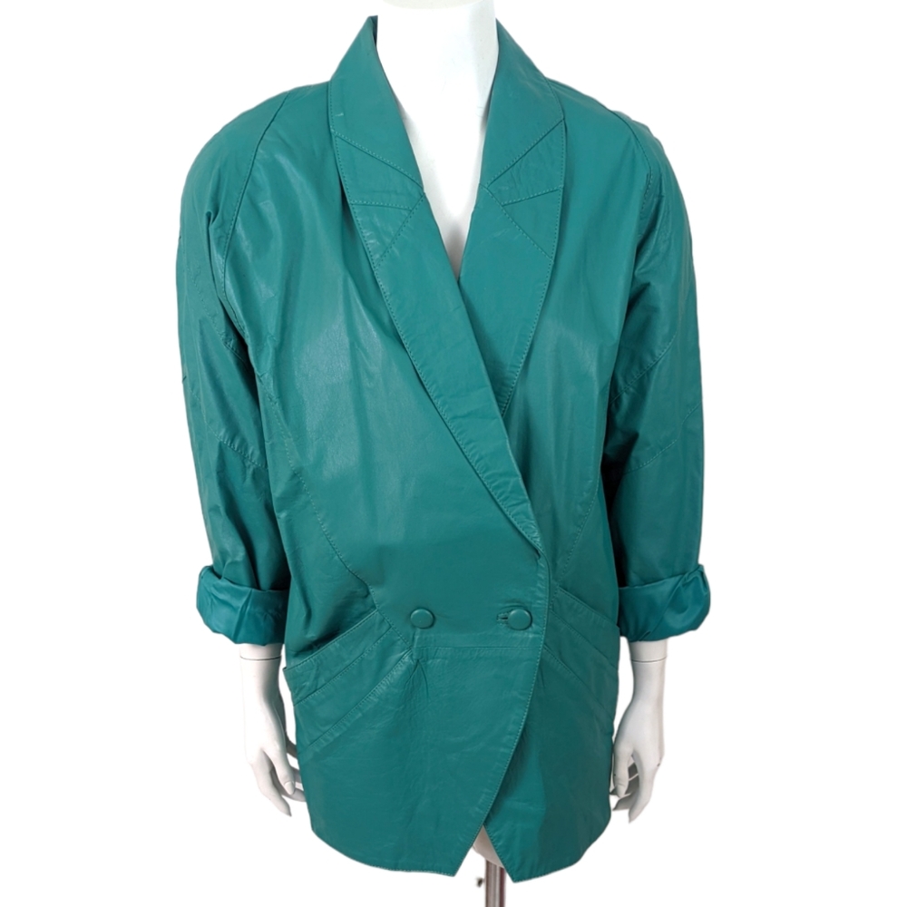 Vintage 80s Genuine Leather Jacket Coat Outerwear Blazer Womens Medium Teal